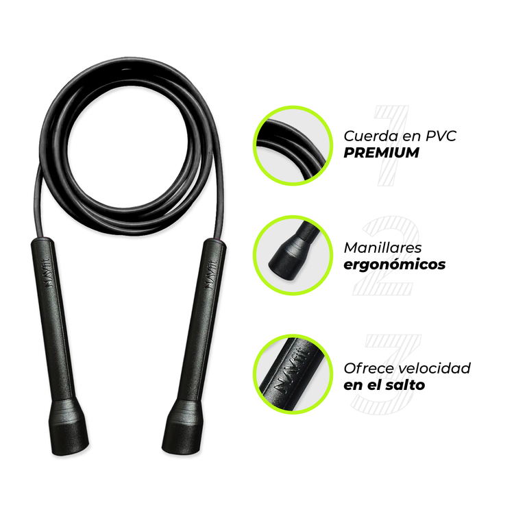 Lazo Cuerda para Saltar | Velocidad, CrossFit | 5mm PVC Premium | NINJA | Negro