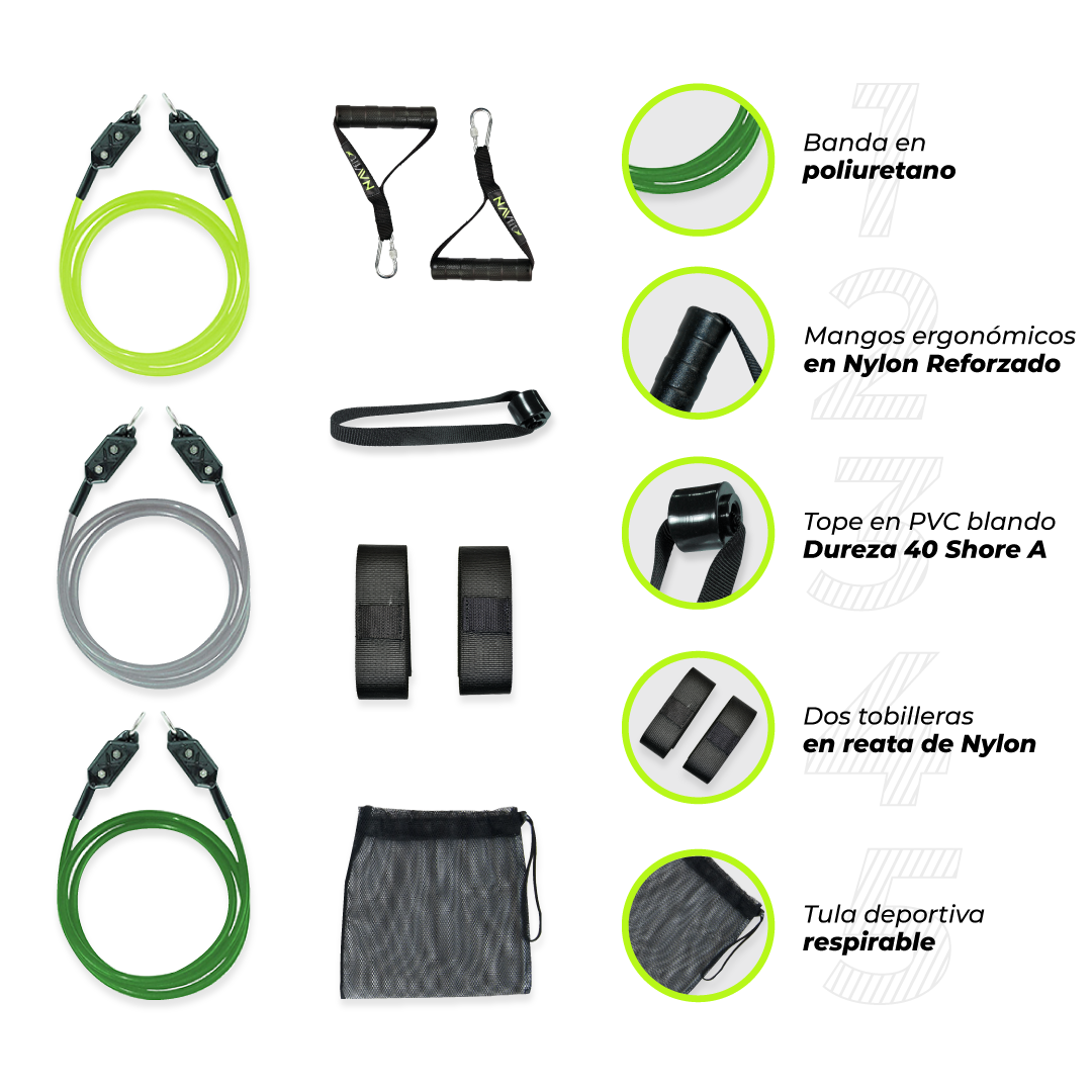 Kit 3 Bandas Elásticas en Poliuretano con Accesorios